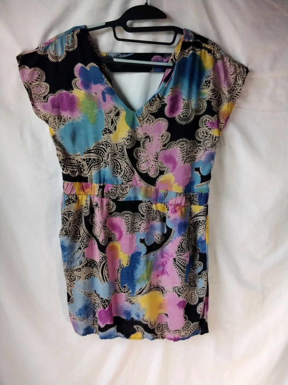 Angie Boho Mini Dress with Pastel Pink, Blue & Yellow Print